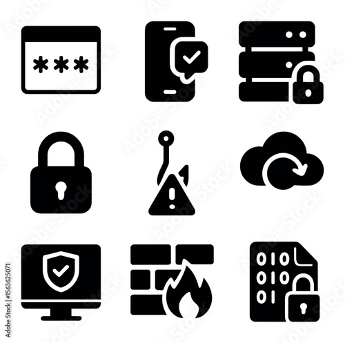 Digital Security Icons. Solid, filled icons set of digital security: password manager, two-factor