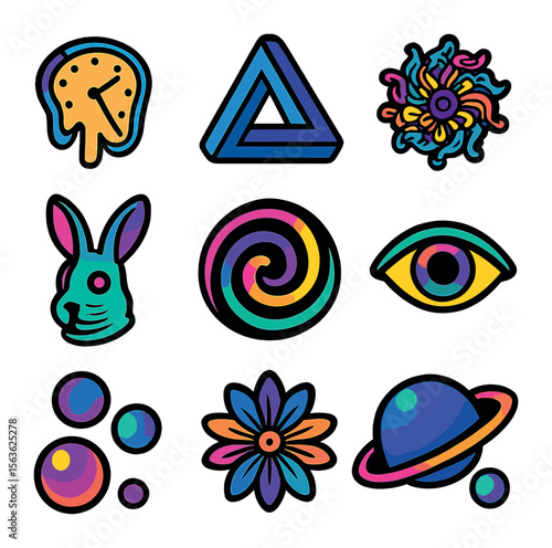 Trippy Icon Grid. Solid, filled icons set of trippy visuals: melting clocks, geometric illusions, colorful