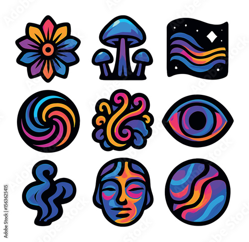 Psychedelic Icon Grid. Solid, filled icons set of vibrant psychedelic icons: kaleidoscope flowers, glowing