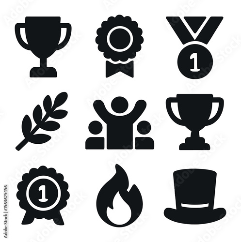 Victory Icons Grid. Solid, filled icons set of competitive success: gold trophy, victory ribbon, champion’s