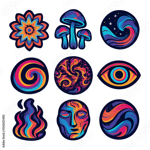 Psychedelic Icon Grid. Solid, filled icons set of vibrant psychedelic icons: kaleidoscope flowers, glowing