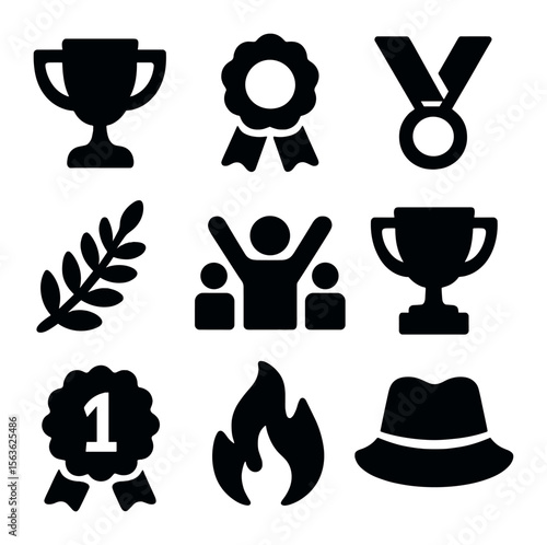 Victory Icons Grid. Solid, filled icons set of competitive success: gold trophy, victory ribbon, champion’s