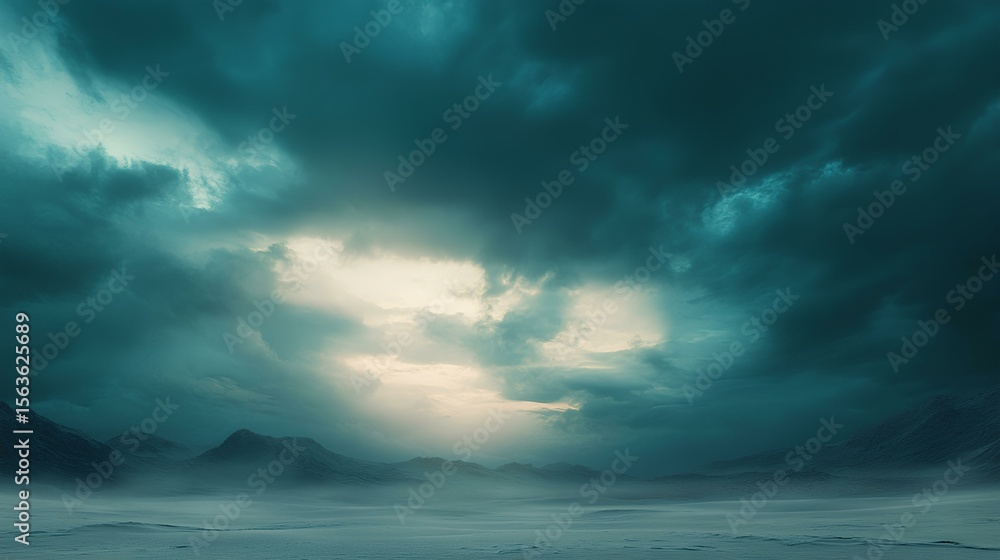 Obraz premium Mystic Clouds Over Mountain: Capture the serene, dramatic vista of vast, moody, ethereal clouds shrouding a distant mountain range, creating a sense of mystery.