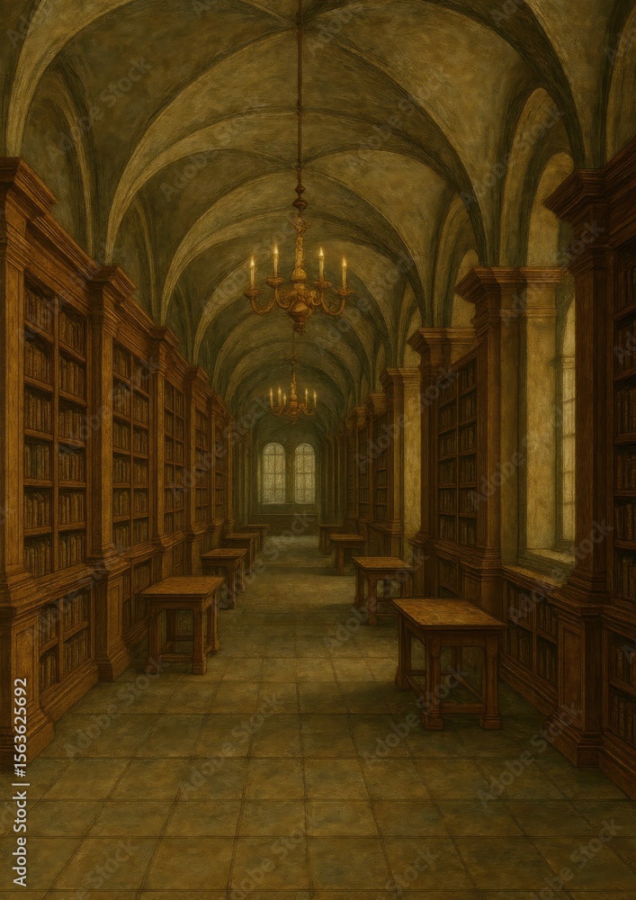 Fototapeta premium Vintage library with wooden shelves.