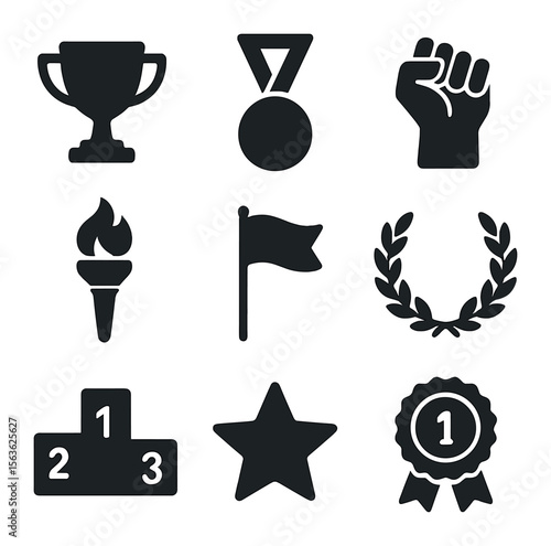 Competitive Spirit Icons. Solid, filled icons set of competitive spirit: trophy cup, medal, raised fist, flame