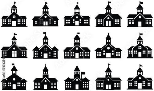 Vector School Building Silhouette with Clock Tower, Flag, Triangular Roof, and Square Windows