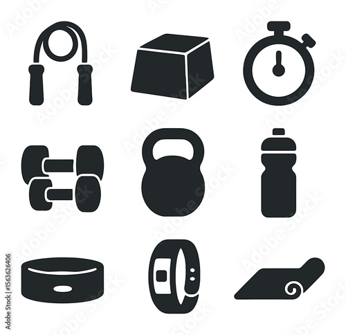 HIIT Equipment Icons. Solid, filled icons set of HIIT training equipment: jump rope, plyo box, timer,