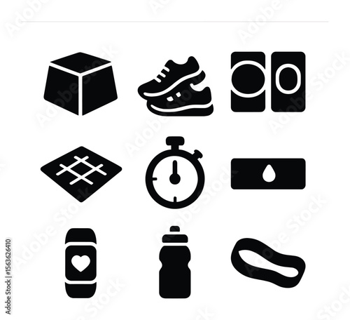 Box Jump Icons. Solid, filled icons set of box jumps training: plyometric box, jumping shoes, knee pads, gym