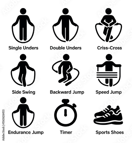 Jump Rope Skills Icons. Solid, filled icons set of jump rope skills: single unders, double unders, criss-cross