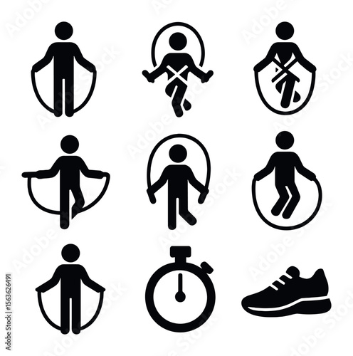 Jump Rope Skills Icons. Solid, filled icons set of jump rope skills: single unders, double unders, criss-cross