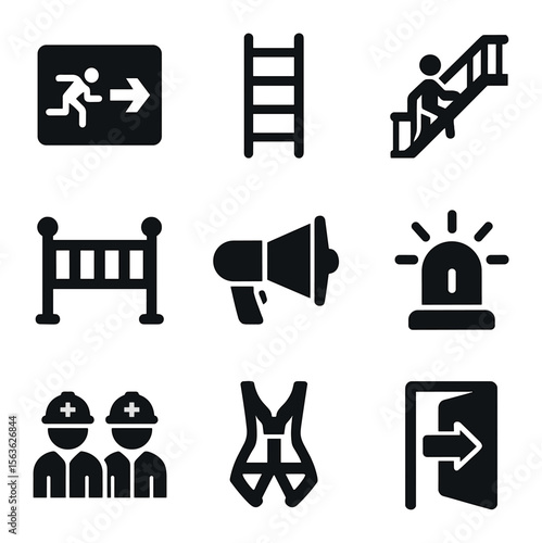 Emergency Icons Set. Solid, filled icons set of emergency evacuation: exit sign, emergency ladder, fire escape