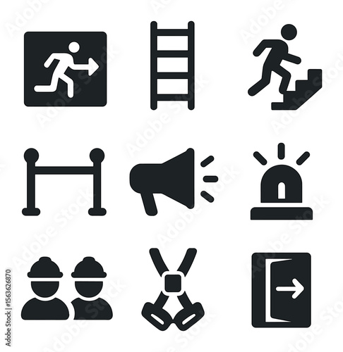 Emergency Icons Set. Solid, filled icons set of emergency evacuation: exit sign, emergency ladder, fire escape