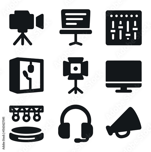 Studio Equipment Icons. Solid, filled icons set of studio production: studio camera, teleprompter, mixing