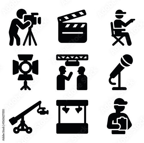 Live Shoot Icons. Solid, filled icons set of live commercial shoot: camera operator, clapperboard, director,