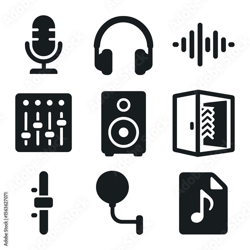 Audio Production Icons. Solid, filled icons set of sound production for commercials: microphone, headphones,