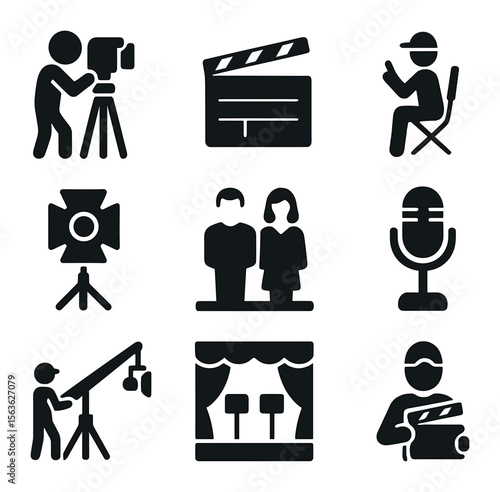 Live Shoot Icons. Solid, filled icons set of live commercial shoot: camera operator, clapperboard, director,