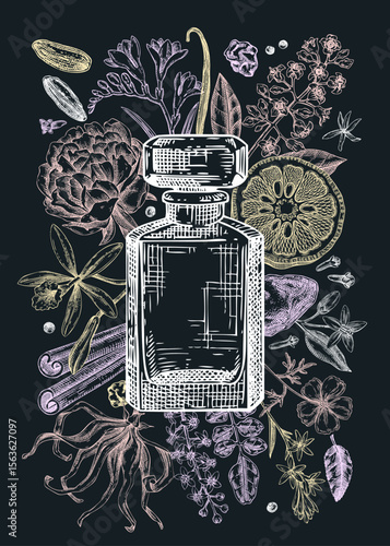Minimalist perfume brand flyer design. Aromatic plants and flowers hand drawn vector illustration. Perfumery and cosmetics gift card, floral invitation, book cover, poster. NOT AI generated