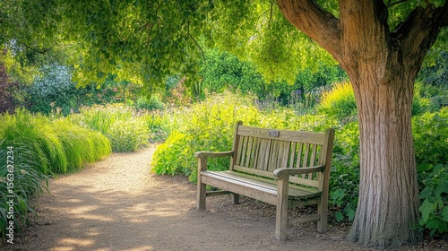 A wooden bench sits peacefully under a large tree in the Royal Botanic Gardens, London, surrounded by lush greenery.