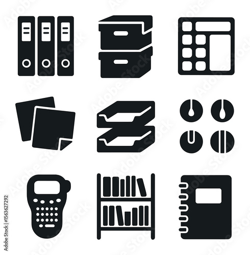 Home Office Icons. Solid, filled icons set of home office organization: file folders, storage boxes, drawer