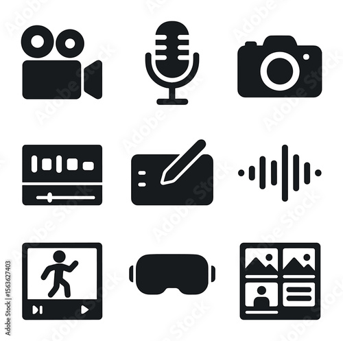 Multimedia Content Icons. Solid, filled icons set of multimedia content creation: video camera, podcast mic,