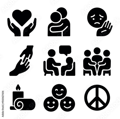 Emotional Support Icons. Solid, filled icons set of Emotional support and care: heart hands, comfort hug,