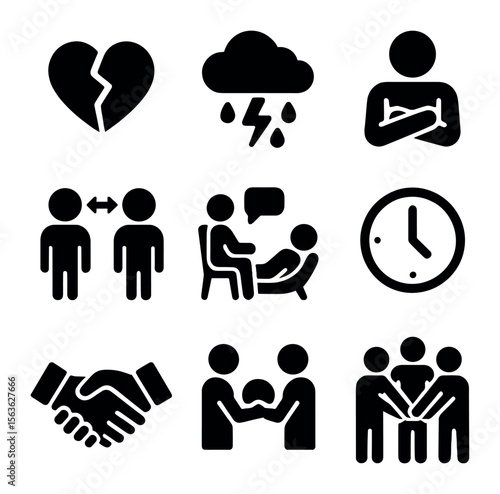Blended Family Challenges Icons. Solid, filled icons set of Blended family challenges: broken heart, storm