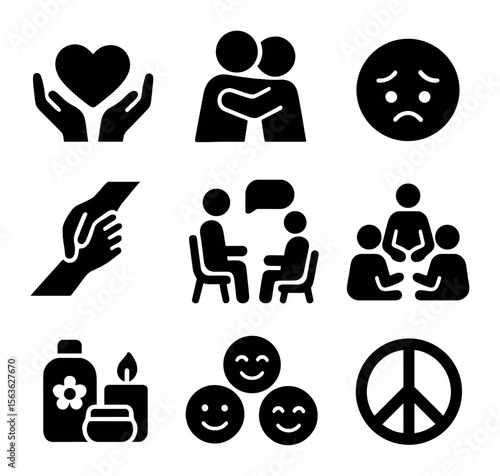 Emotional Support Icons. Solid, filled icons set of Emotional support and care: heart hands, comfort hug,