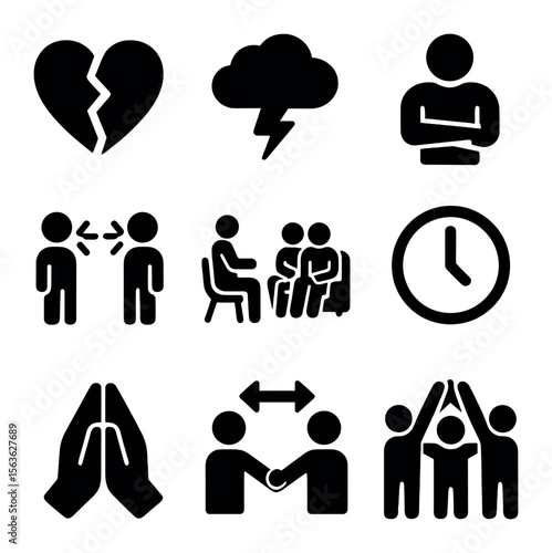 Blended Family Challenges Icons. Solid, filled icons set of Blended family challenges: broken heart, storm