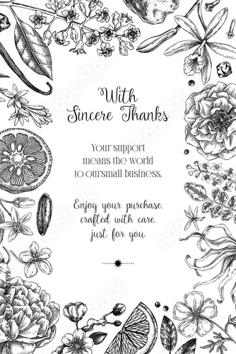 Thank you card design, floral invitation template. Vintage perfume and cosmetic hand-drawn vector illustration. Aromatic plants and flower sketches. NOT AI generated