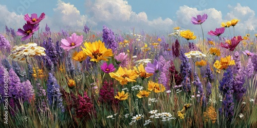 Vibrant wildflower field in full bloom during a sunny day with fluffy clouds overhead