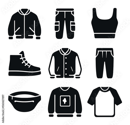 Streetwear Icons Grid. Solid, filled icons set of casual streetwear outfits: bomber jacket, cargo pants, crop