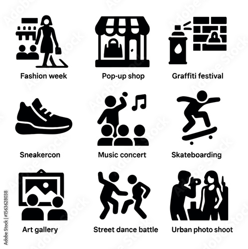 Street Style Icons. Solid, filled icons set of street style events: fashion week, pop-up shop, graffiti