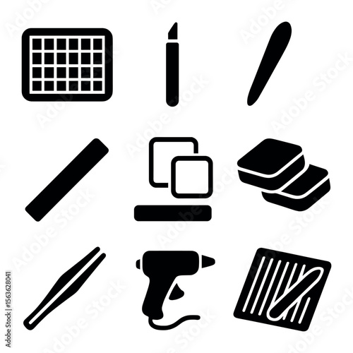 Craft Tool Icons. Solid, filled icons set of card-making tools: cutting mat, craft knife, bone folder, ruler,