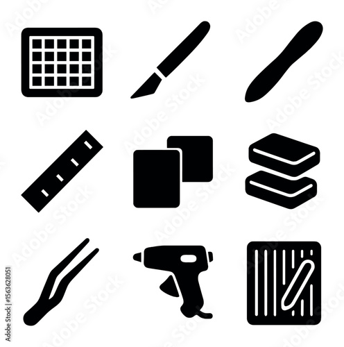 Craft Tool Icons. Solid, filled icons set of card-making tools: cutting mat, craft knife, bone folder, ruler,