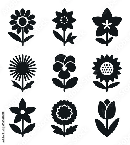 Edible Flower Icons. Solid, filled icons set of edible flower types: chamomile, calendula, borage, dandelion,