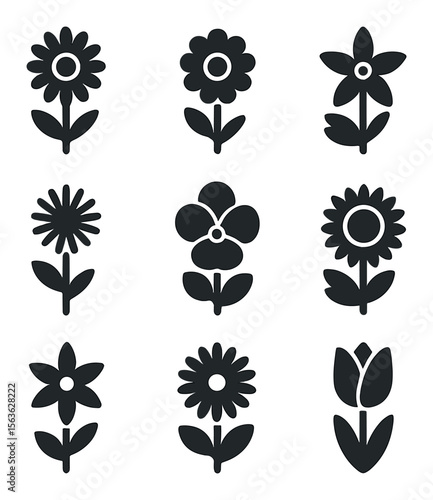 Edible Flower Icons. Solid, filled icons set of edible flower types: chamomile, calendula, borage, dandelion,