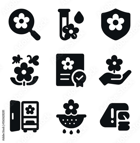 Edible Flower Safety Icons. Solid, filled icons set of edible flower safety: identification guide, allergy