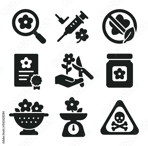Edible Flower Safety Icons. Solid, filled icons set of edible flower safety: identification guide, allergy