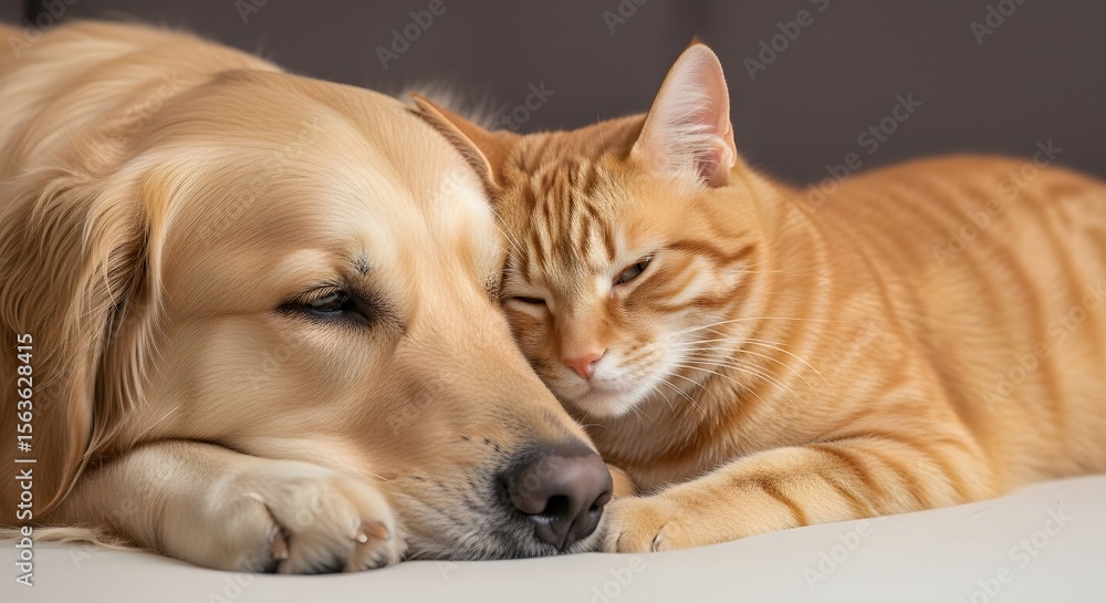 custom made wallpaper toronto digitalA golden retriever and a ginger cat resting together, showing affection and comfort.