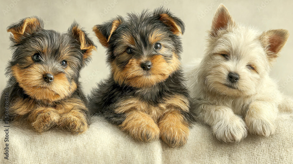 Three adorable Yorkshire Terrier puppies closely cuddled together on a soft, knitted blanket, looking curiously at the camera Three adorable Yorkshire Terrier puppies closely cuddled together on a soft, knitted blanket, looking curiously at the camera