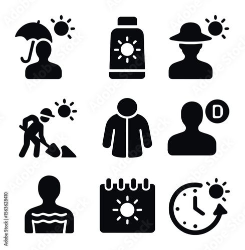 Sun Protection Icons. Solid, filled icons set of sun effects on human activities: sun protection, sunscreen,
