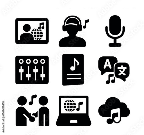 Music Collaboration Icons. Solid, filled icons set of music collaboration worldwide: video call, music