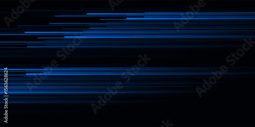 Blur luminous rays. Glowing neon banner. Cyber flare. Defocused ultraviolet navy blue color light lines motion on dark black futuristic abstract background.