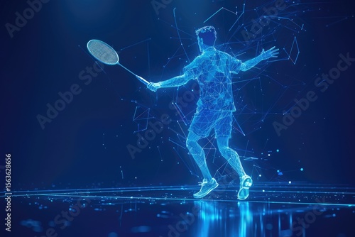 Detailed Image of Wireframe Representation of a Badminton Player with Lighting Effects