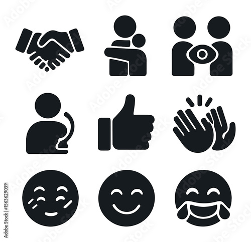 Social Emotion Icons. Solid, filled icons set of social emotion cues: handshake, hug, eye contact, nodding,