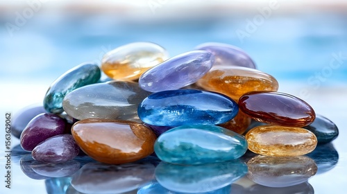 Colorful polished gemstones and healing crystals arranged on reflective surface with soft blue background, showcasing variety of natural minerals and stones.