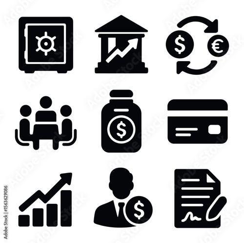 Financial Icons Grid. Solid, filled icons set of financial rebound: bank vault, stock exchange, business