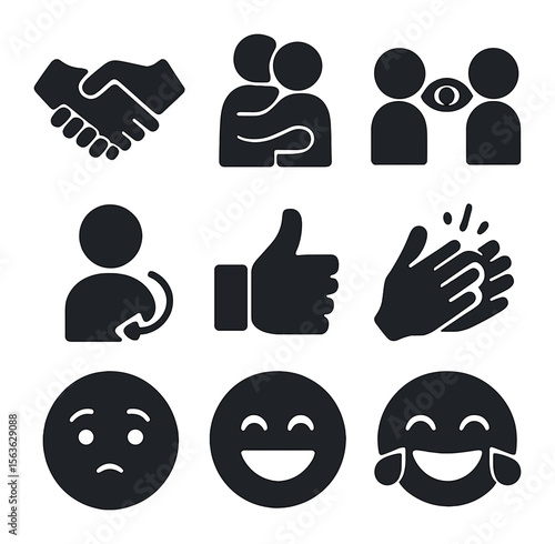 Social Emotion Icons. Solid, filled icons set of social emotion cues: handshake, hug, eye contact, nodding,