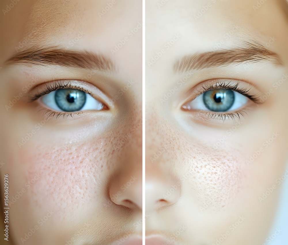 Fototapeta premium Close-up comparison of facial skin texture showing pores and freckles before and after retouching, featuring bright blue eyes and natural eyebrows.