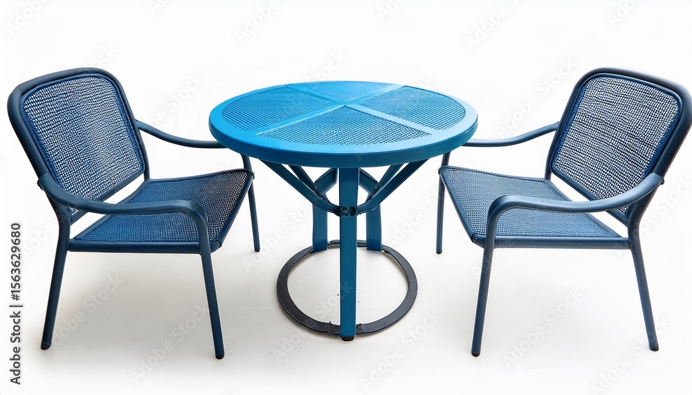 Fototapeta premium a blue metal table with two matching chairs ideal for outdoor leisure or dining on white background